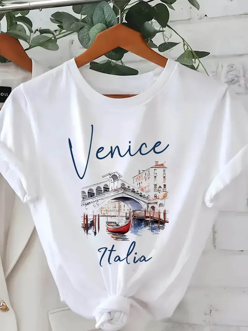 Hot Sale Venice Italia Letter Print Women's Crew Neck T-Shirt Casual Short Sleeve Letter Print Spring Summer Top Tee T Shirt Quick Pick Grocers
